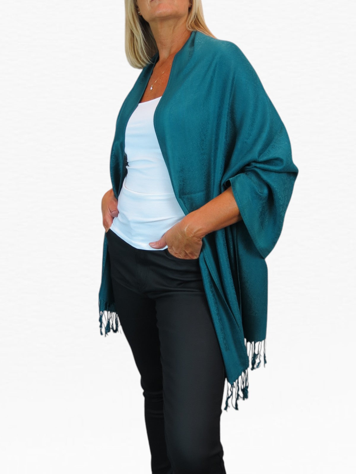 Paisley Jacquard Fine Pashmina Shawl Wrap Teal Green