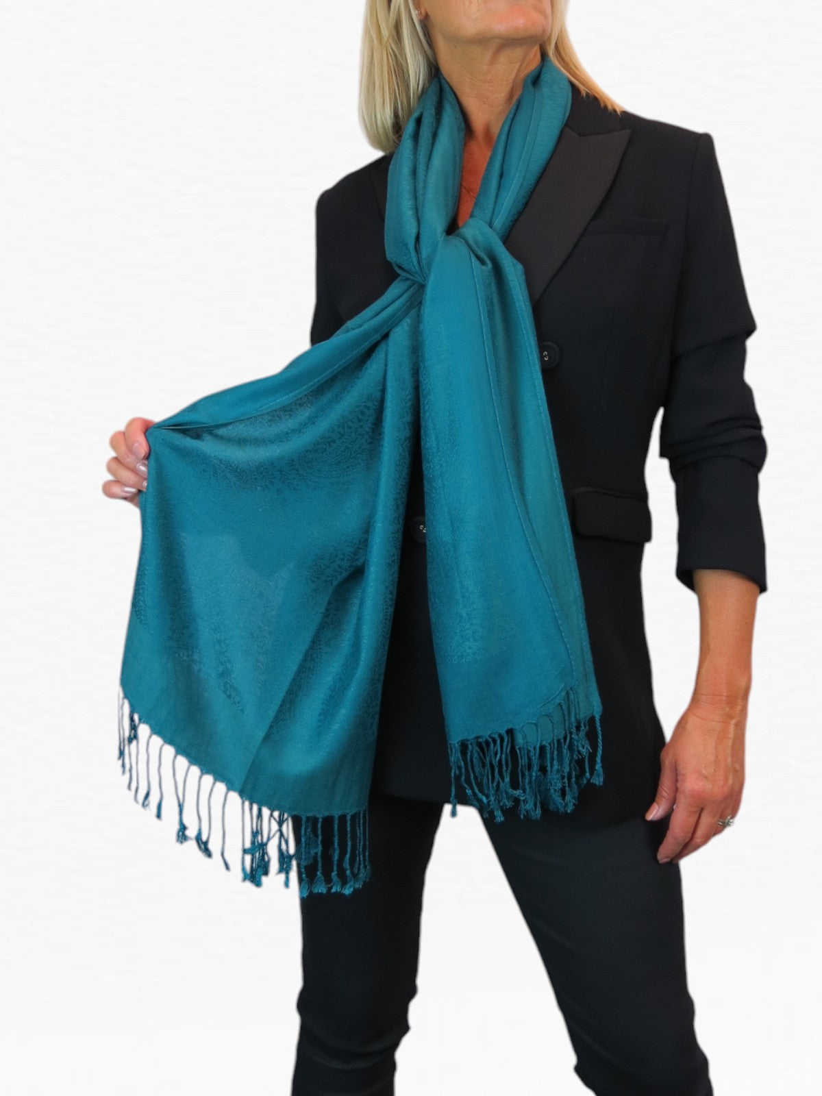 Paisley Jacquard Fine Pashmina Shawl Wrap Teal Green