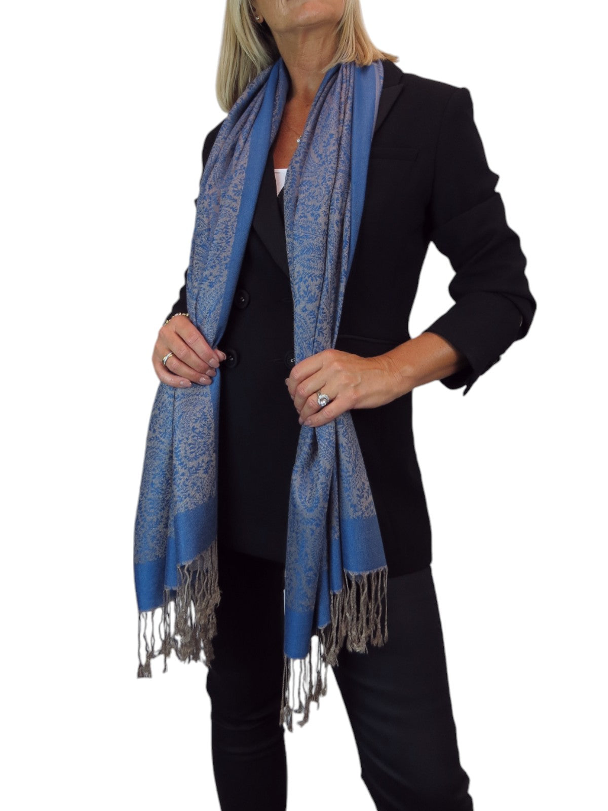 Paisley Jacquard Fine Pashmina Shawl Wrap Blue Beige