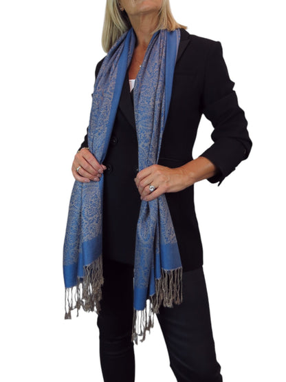 Paisley Jacquard Fine Pashmina Shawl Wrap Blue Beige