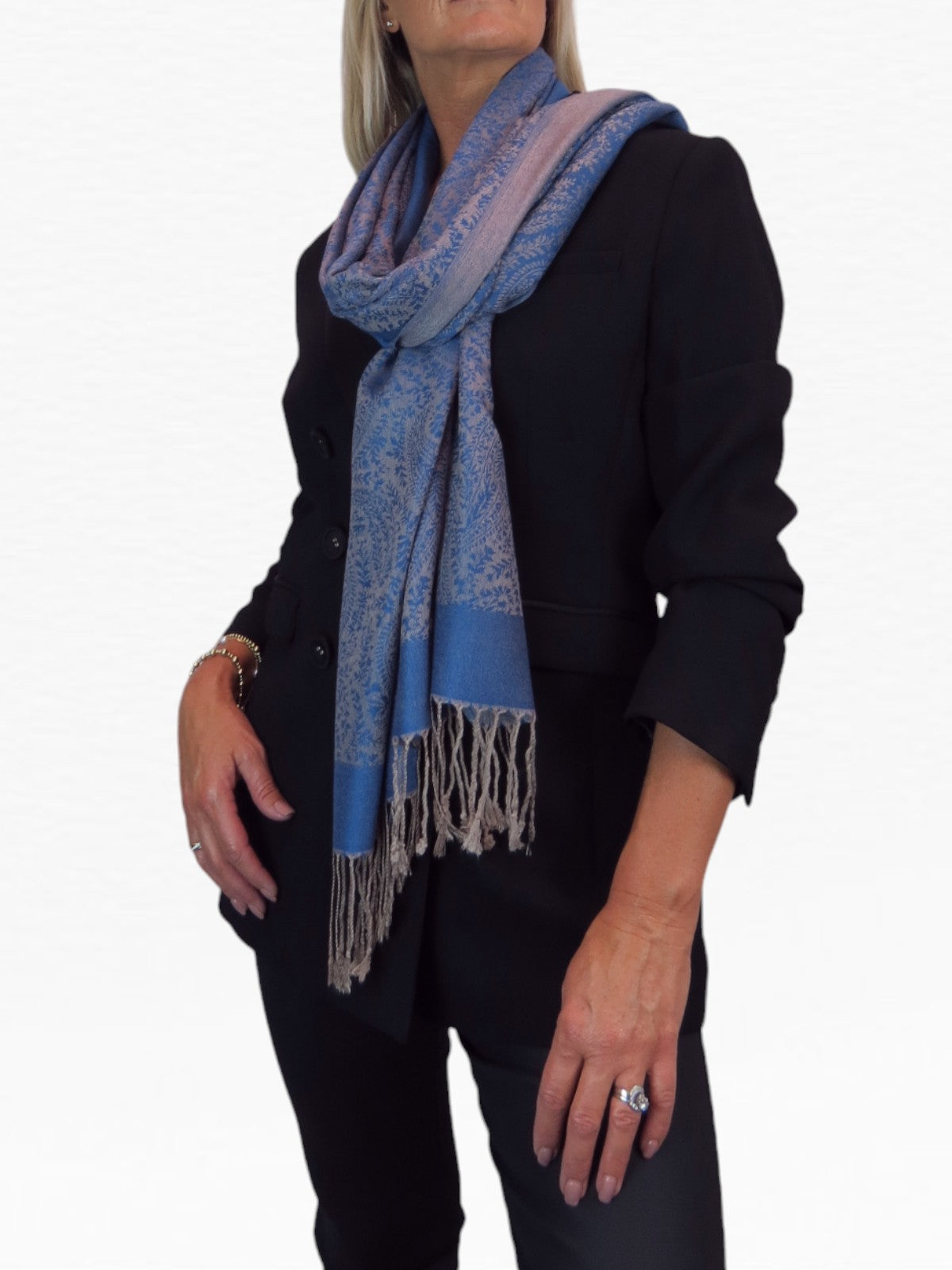 Paisley Jacquard Fine Pashmina Shawl Wrap Blue Beige