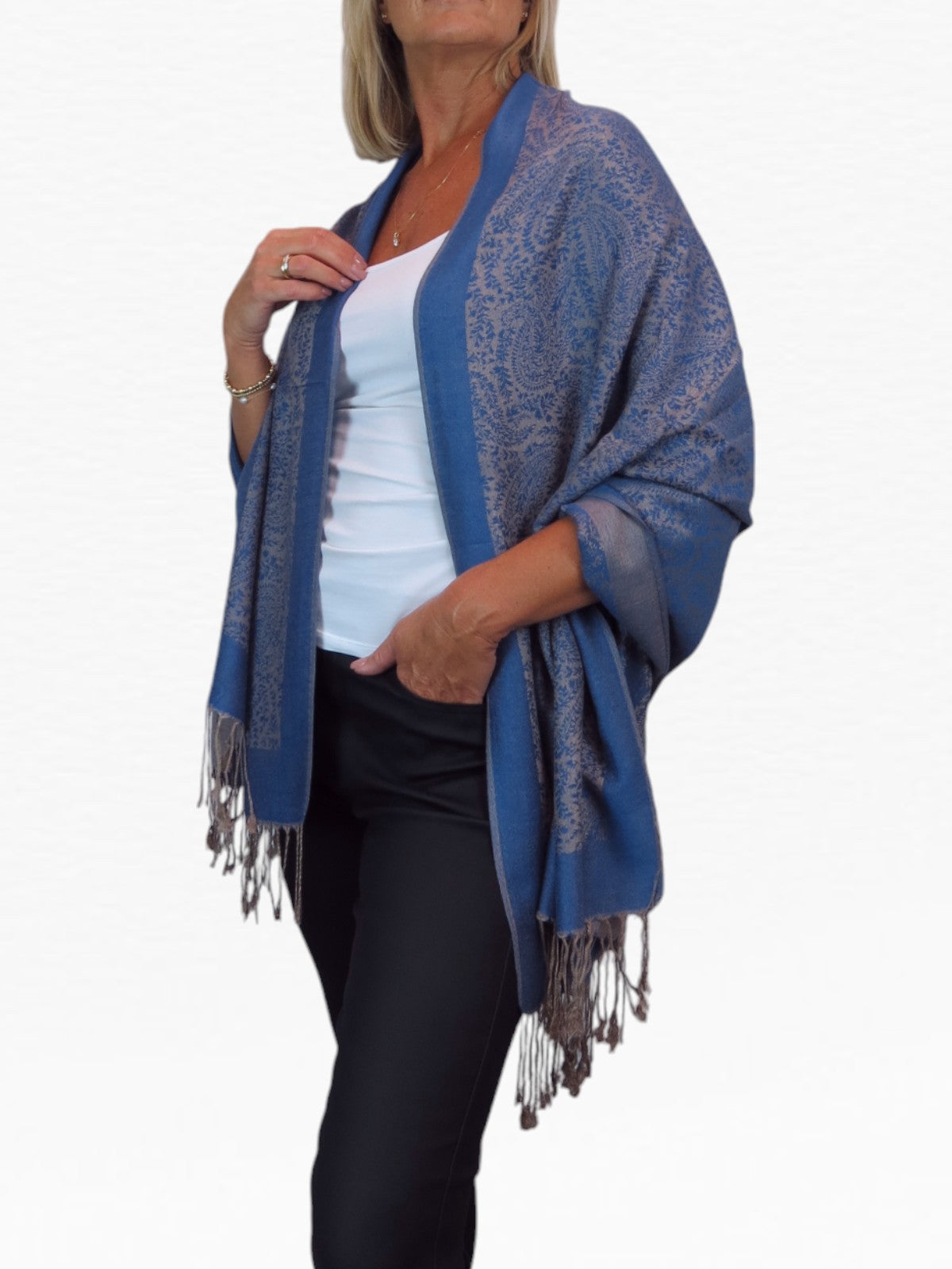 Paisley Jacquard Fine Pashmina Shawl Wrap Blue Beige