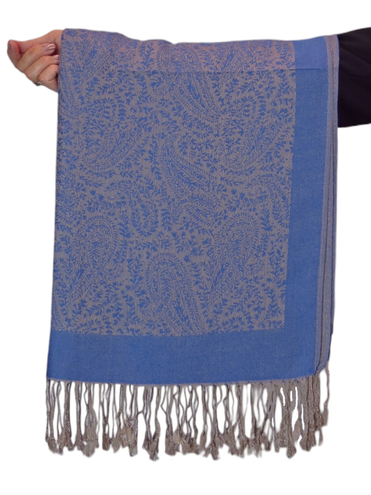 Paisley Jacquard Fine Pashmina Shawl Wrap Blue Beige