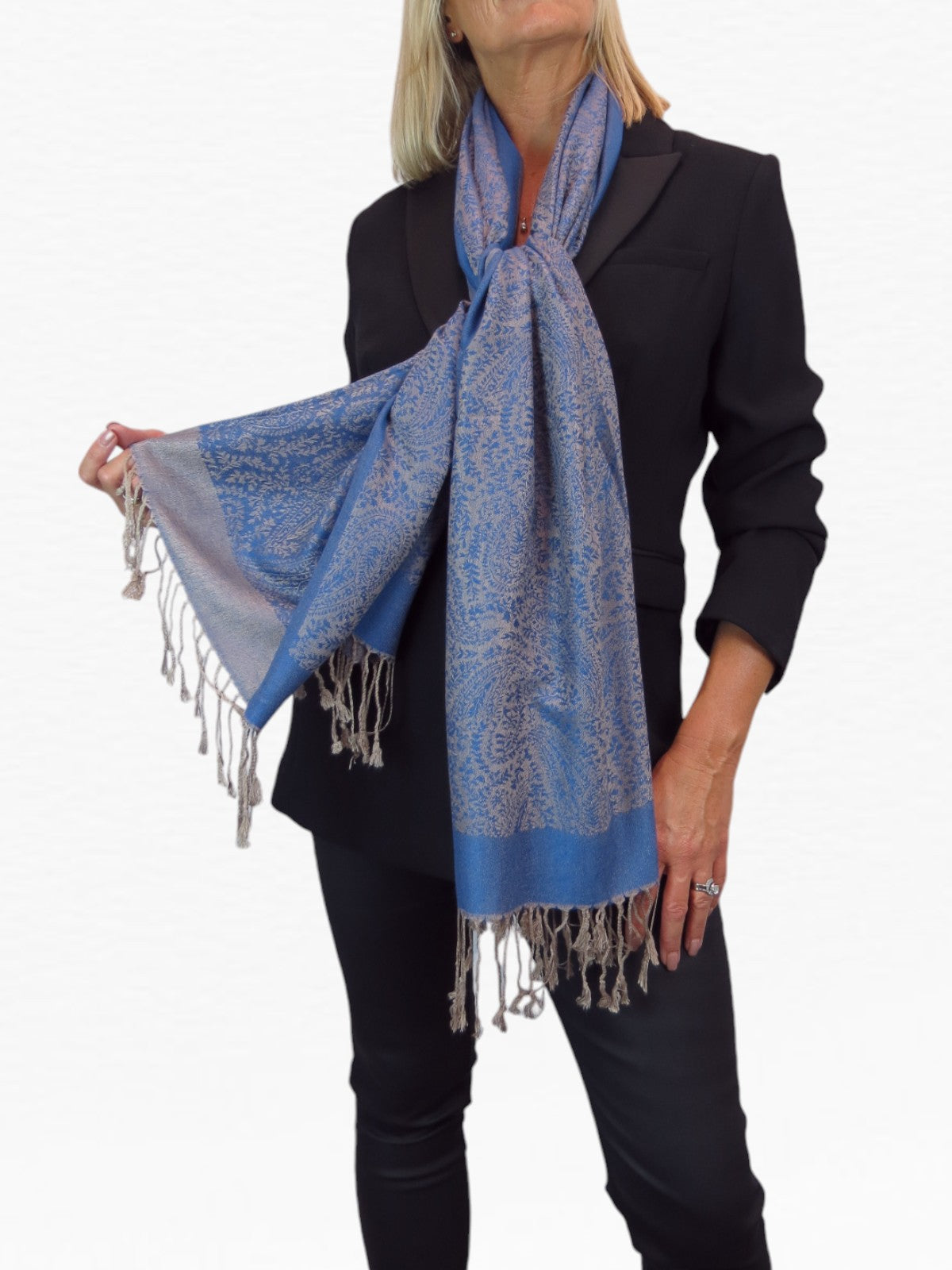 Paisley Jacquard Fine Pashmina Shawl Wrap Blue Beige