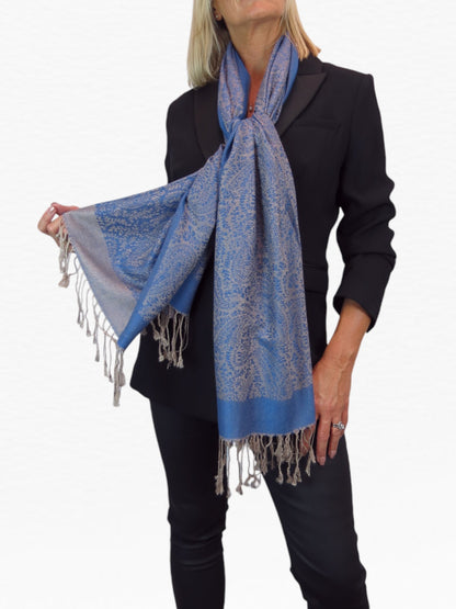 Paisley Jacquard Fine Pashmina Shawl Wrap Blue Beige