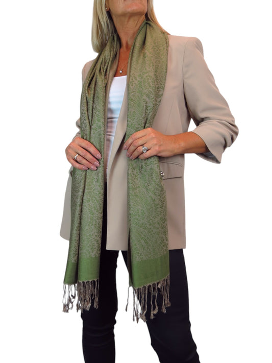 Paisley Jacquard Fine Pashmina Shawl Wrap Green Beige