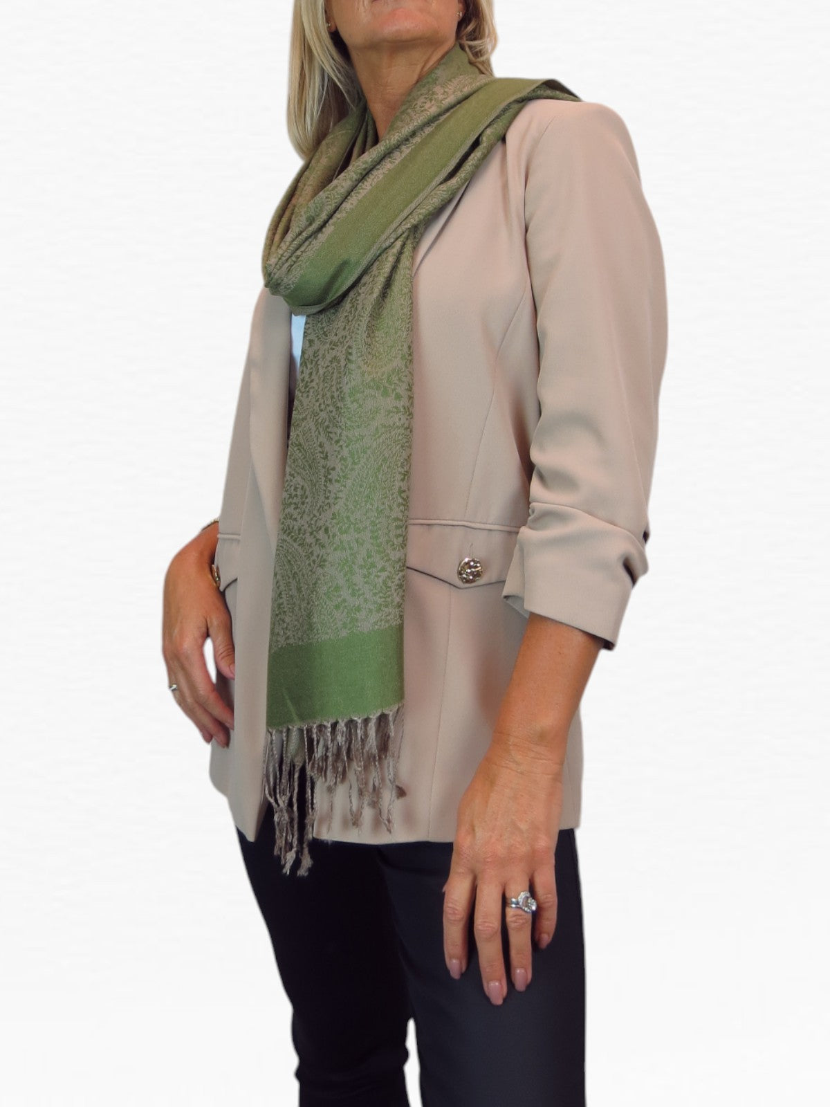 Paisley Jacquard Fine Pashmina Shawl Wrap Green Beige