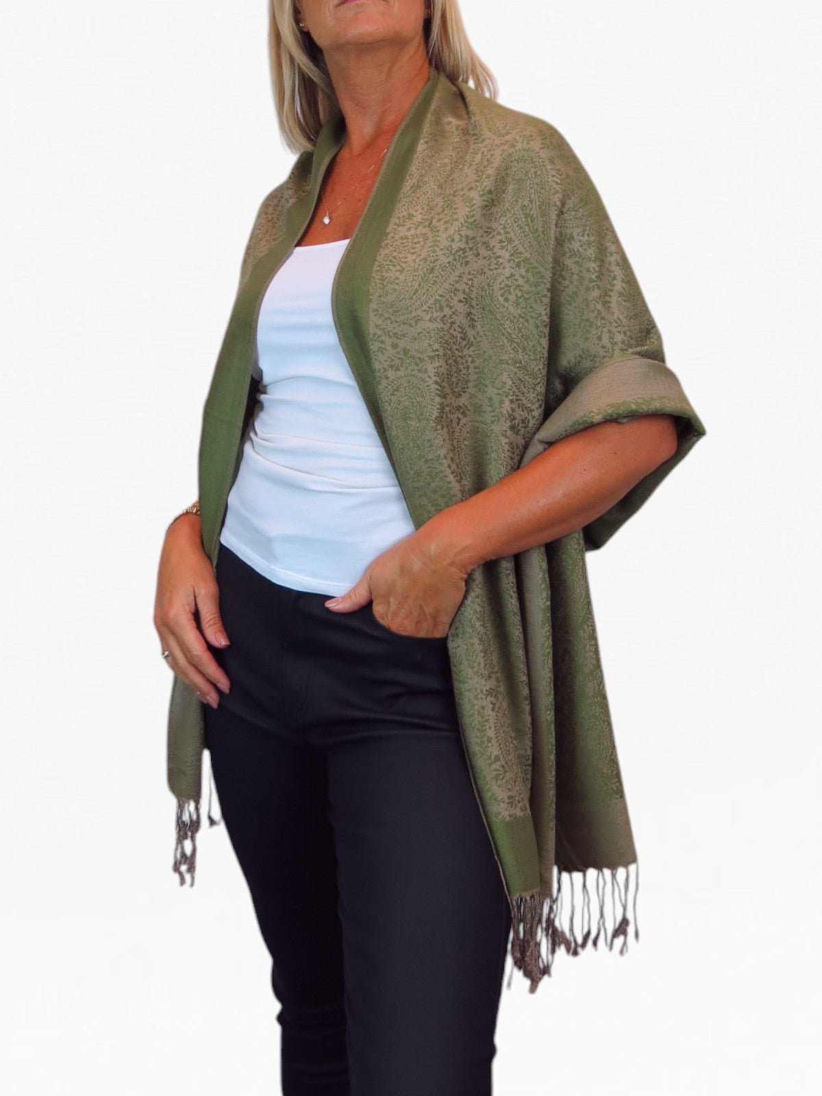 Paisley Jacquard Fine Pashmina Shawl Wrap Green Beige