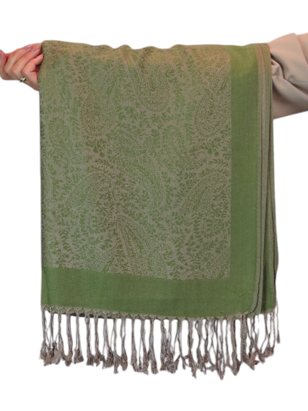 Paisley Jacquard Fine Pashmina Shawl Wrap Green Beige