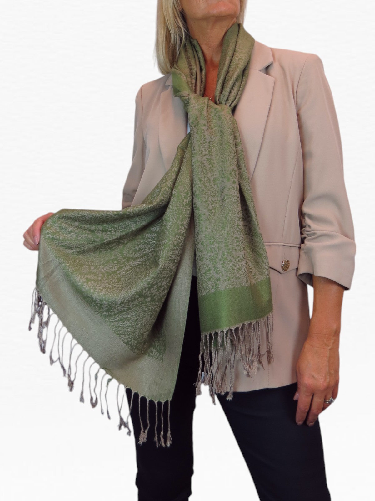Paisley Jacquard Fine Pashmina Shawl Wrap Green Beige
