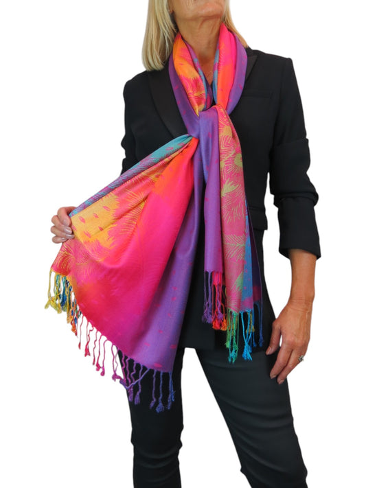 Rainbow Peacock Feather Pashmina Shawl Scarf Pink