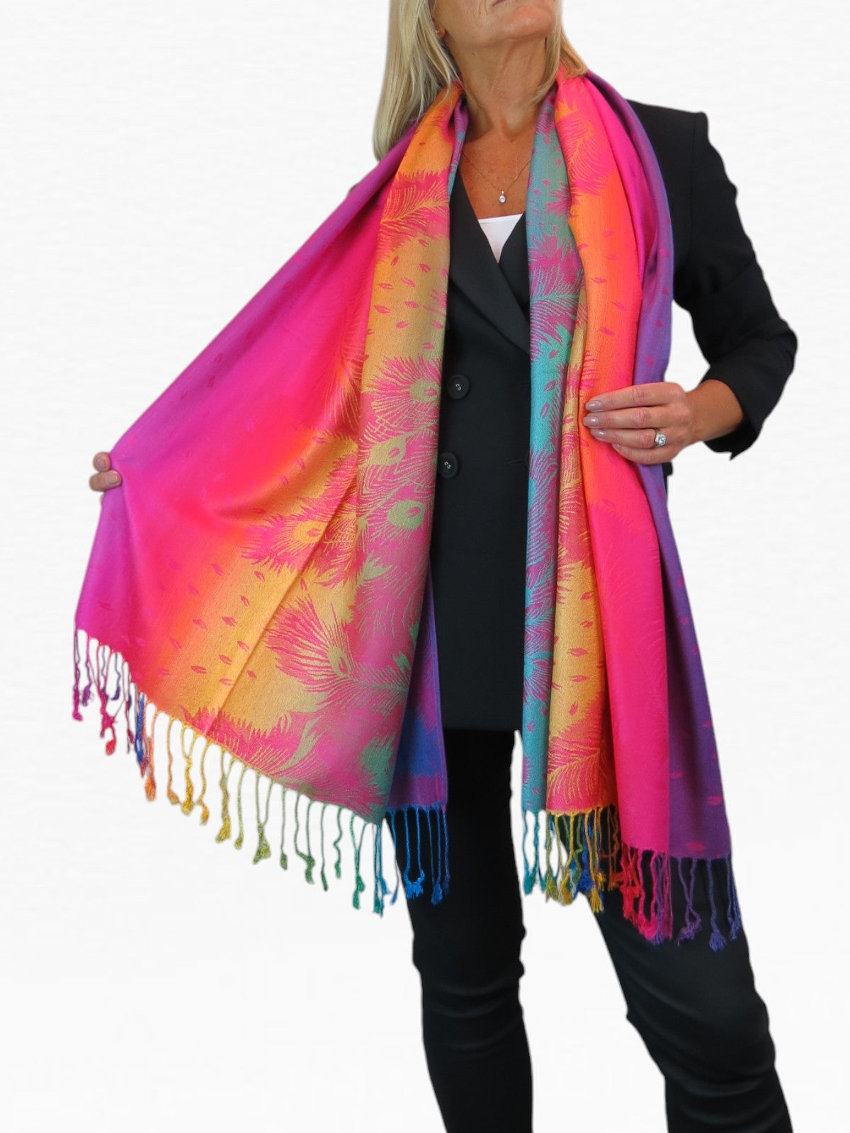 Rainbow Peacock Feather Pashmina Shawl Scarf Pink