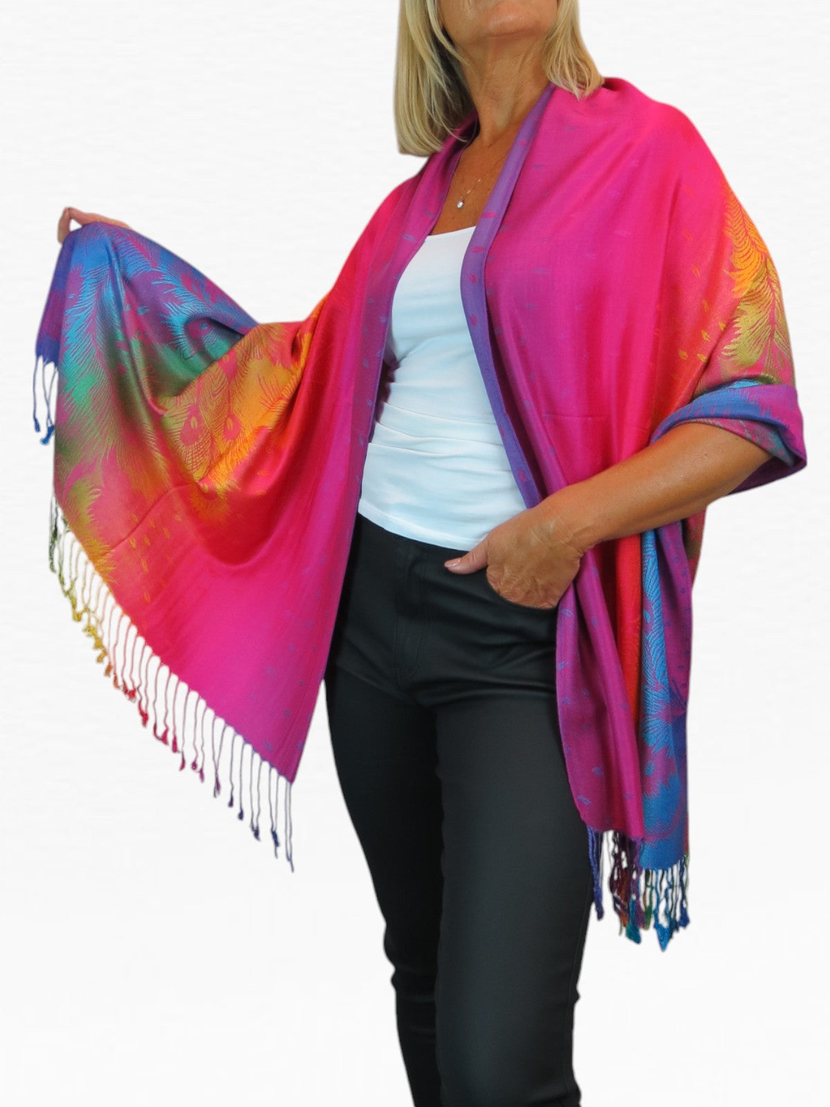 Rainbow Peacock Feather Pashmina Shawl Scarf Pink