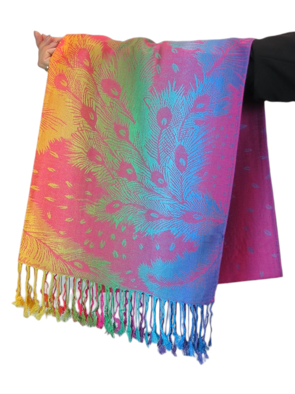 Rainbow Peacock Feather Pashmina Shawl Scarf Pink