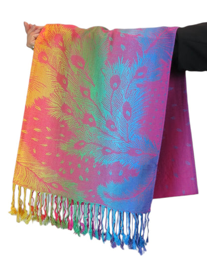 Rainbow Peacock Feather Pashmina Shawl Scarf Pink