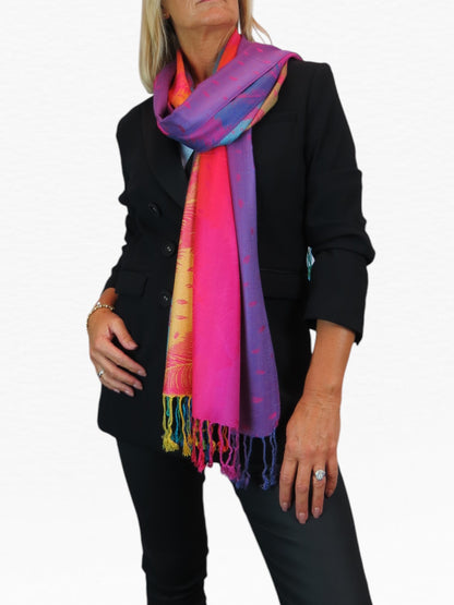 Rainbow Peacock Feather Pashmina Shawl Scarf Pink