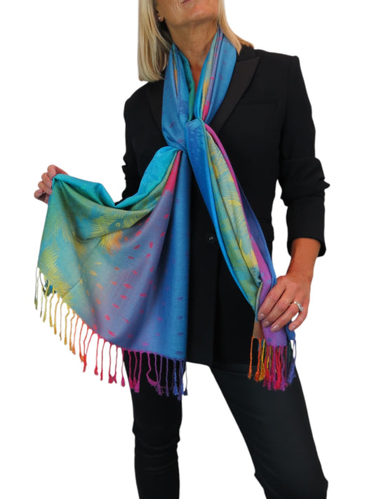 Rainbow Peacock Feather Pashmina Shawl Scarf Blue