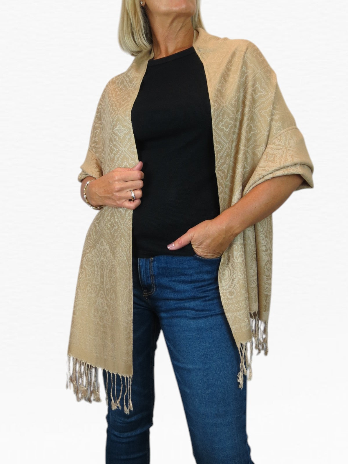 Persian Jacquard Design Pashmina Shawl Wrap Beige