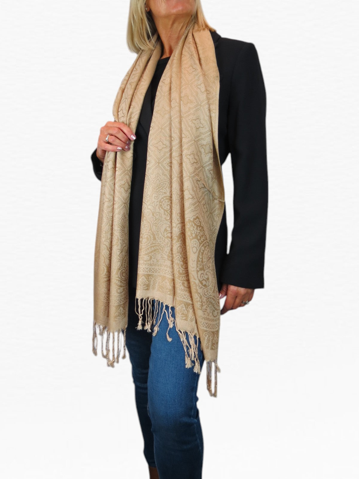 Persian Jacquard Design Pashmina Shawl Wrap Beige