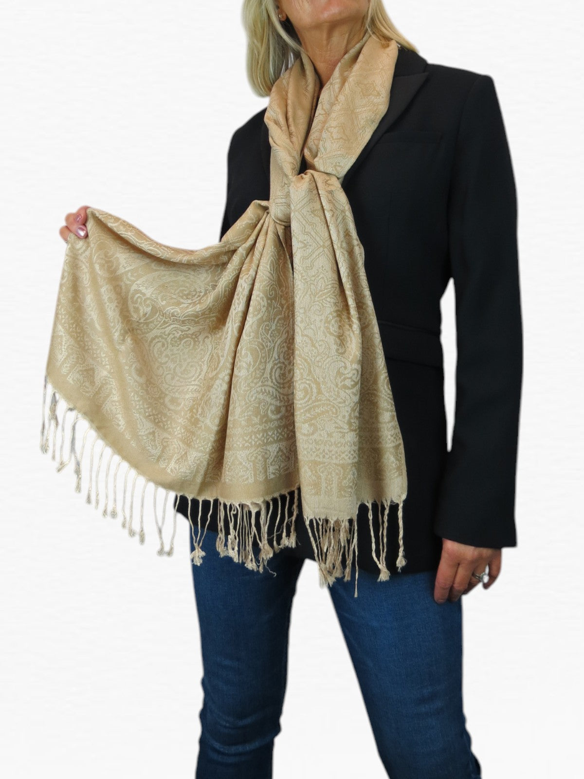 Persian Jacquard Design Pashmina Shawl Wrap Beige