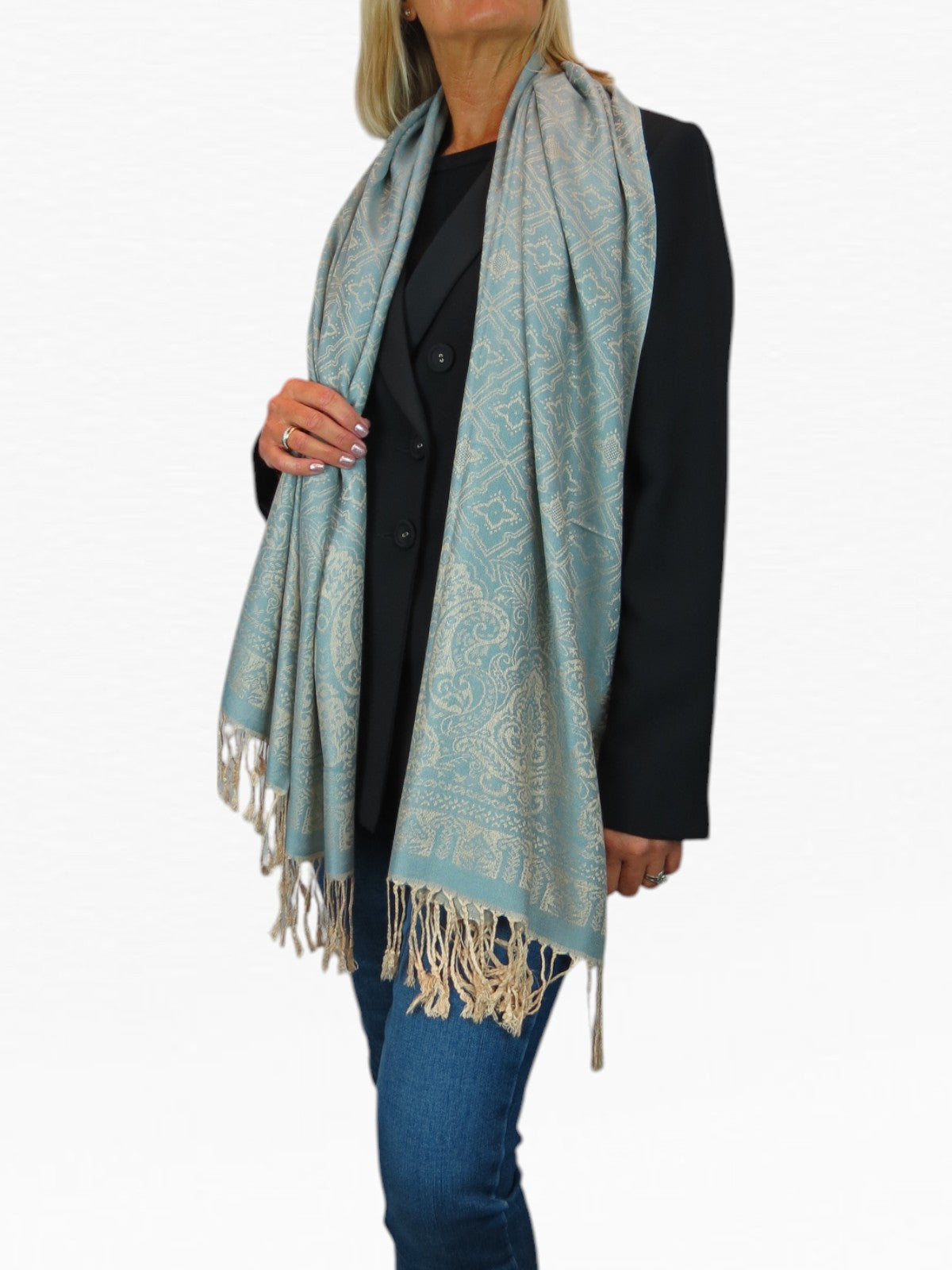 Persian Jacquard Design Pashmina Shawl Wrap Duck Egg Blue