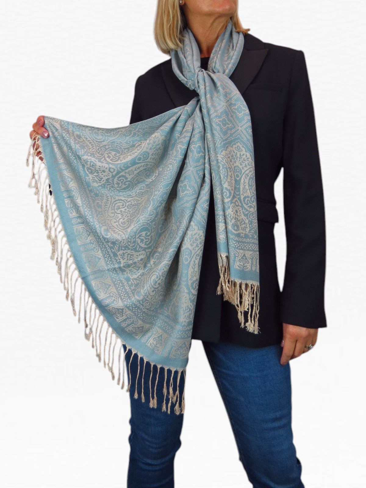 Persian Jacquard Design Pashmina Shawl Wrap Duck Egg Blue