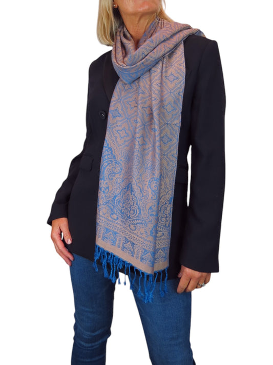 Persian Jacquard Design Pashmina Shawl Wrap Blue