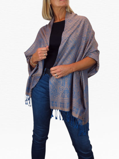 Persian Jacquard Design Pashmina Shawl Wrap Blue