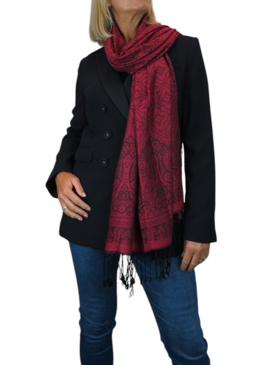 Persian Jacquard Design Pashmina Shawl Wrap Dark Burgundy Red