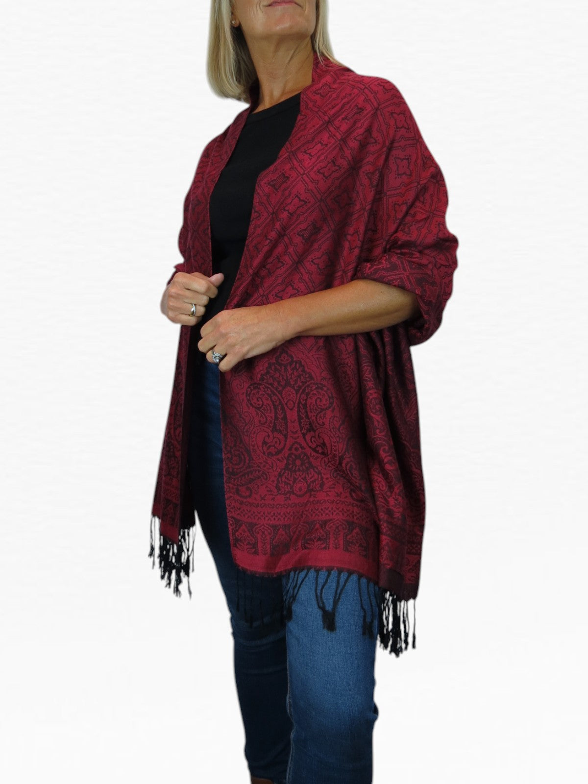 Persian Jacquard Design Pashmina Shawl Wrap Dark Burgundy Red