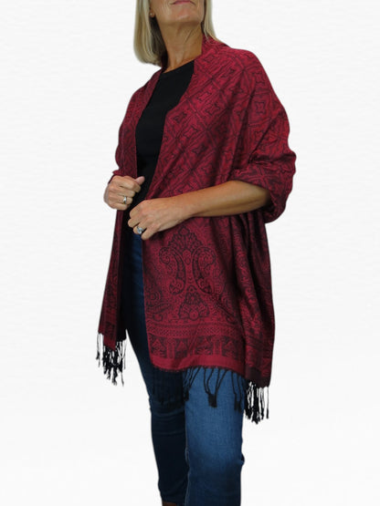 Persian Jacquard Design Pashmina Shawl Wrap Dark Burgundy Red