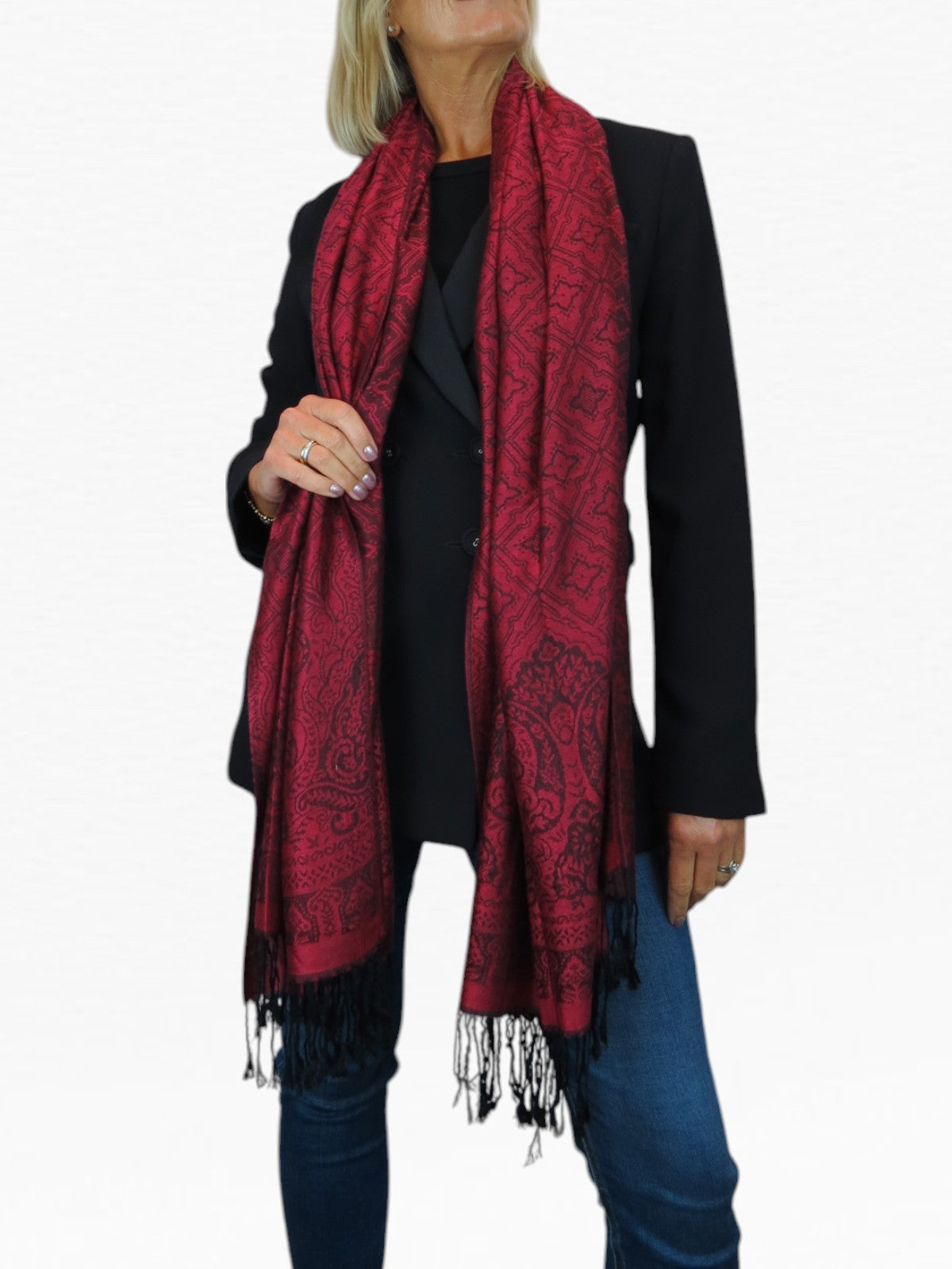 Persian Jacquard Design Pashmina Shawl Wrap Dark Burgundy Red