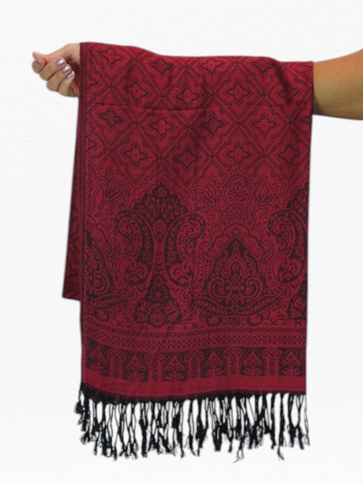 Persian Jacquard Design Pashmina Shawl Wrap Dark Burgundy Red