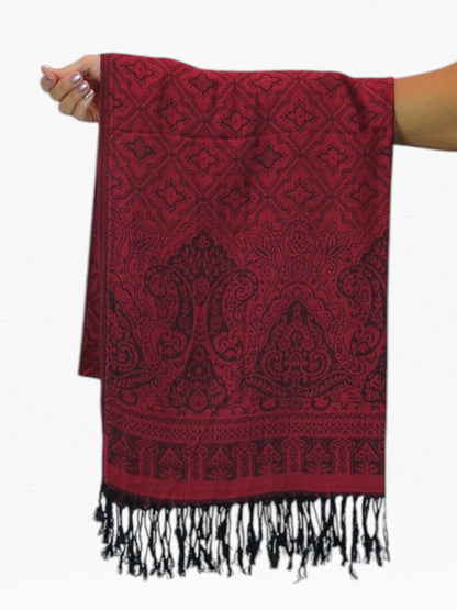 Persian Jacquard Design Pashmina Shawl Wrap Dark Burgundy Red