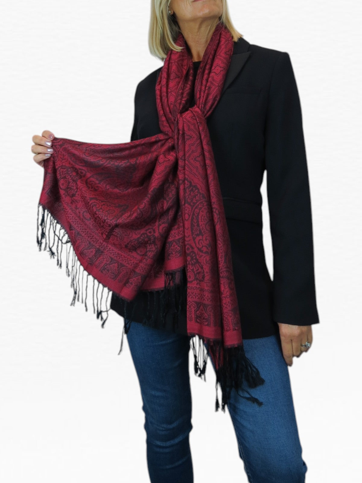 Persian Jacquard Design Pashmina Shawl Wrap Dark Burgundy Red