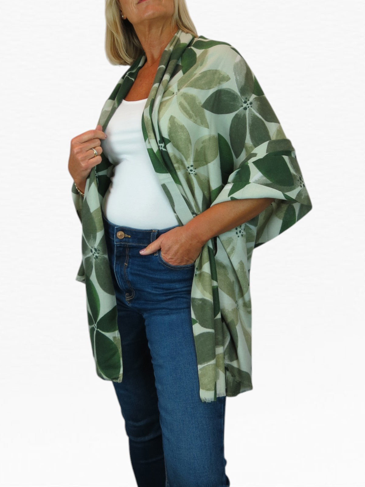 Large Leaf Design Wool Blend Pashmina Scarf Green