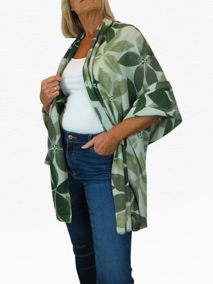 Large Leaf Design Wool Blend Pashmina Scarf Green