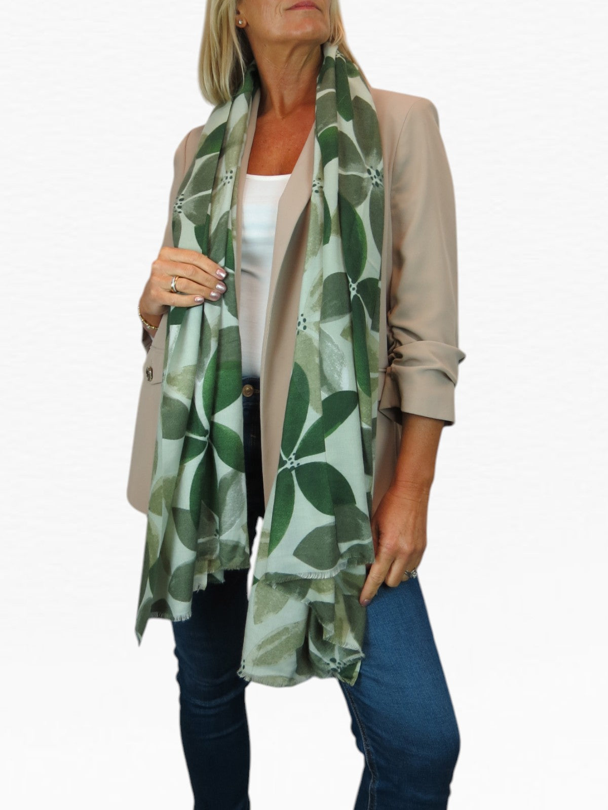 Large Leaf Design Wool Blend Pashmina Scarf Green