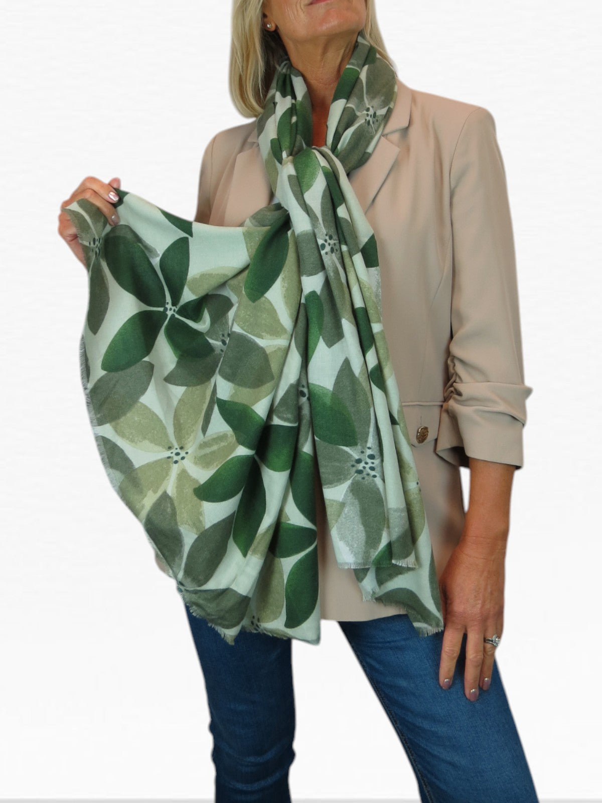 Large Leaf Design Wool Blend Pashmina Scarf Green