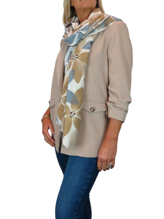 Large Leaf Design Wool Blend Pashmina Scarf Beige