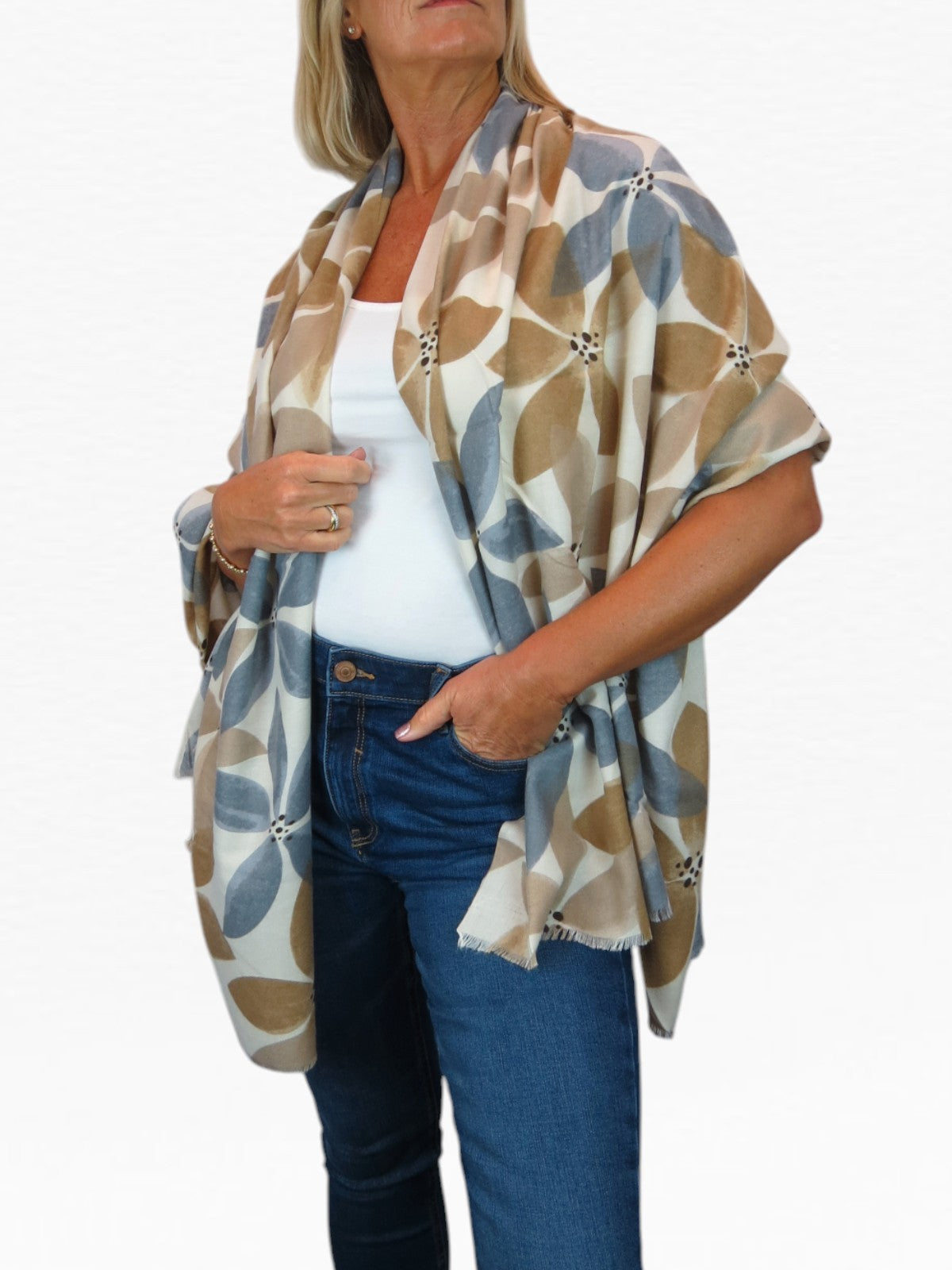 Large Leaf Design Wool Blend Pashmina Scarf Beige