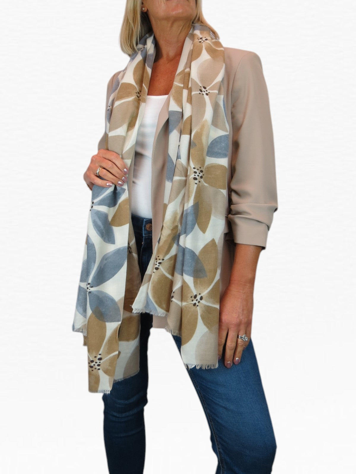 Large Leaf Design Wool Blend Pashmina Scarf Beige