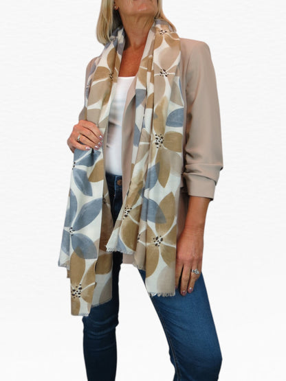 Large Leaf Design Wool Blend Pashmina Scarf Beige
