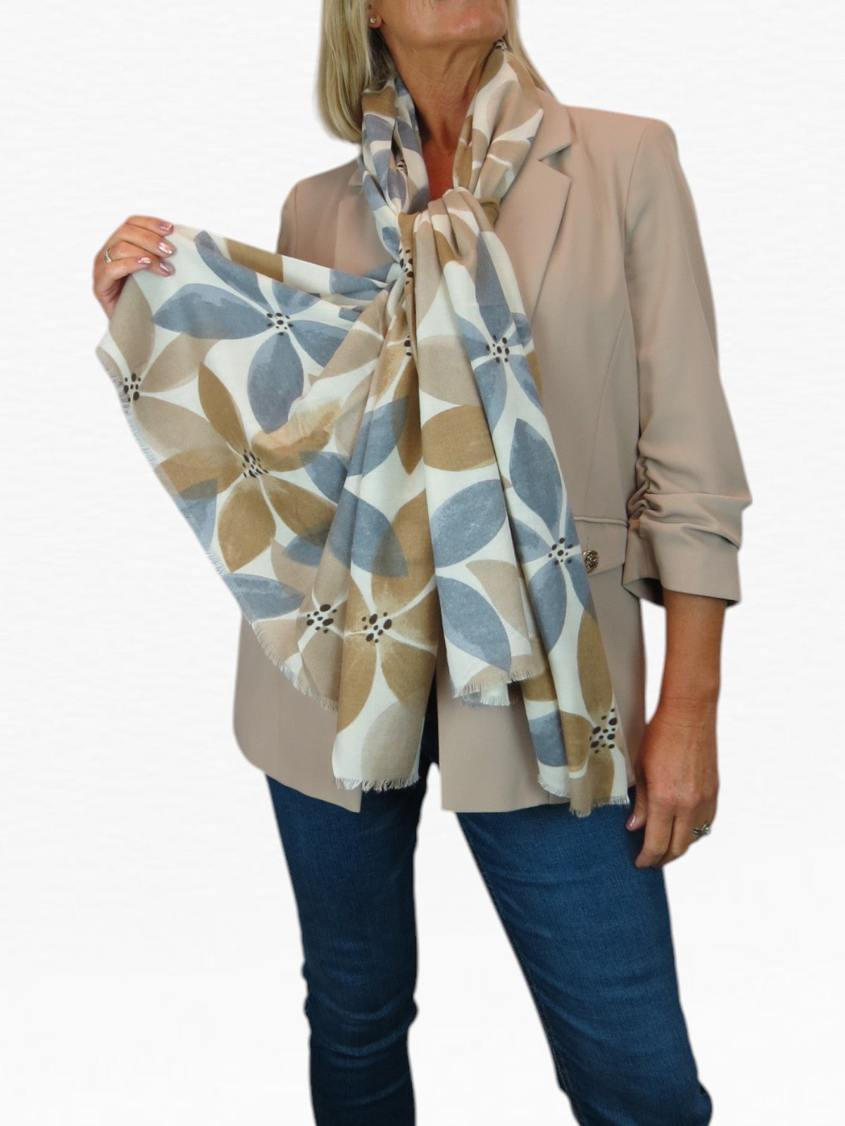Large Leaf Design Wool Blend Pashmina Scarf Beige