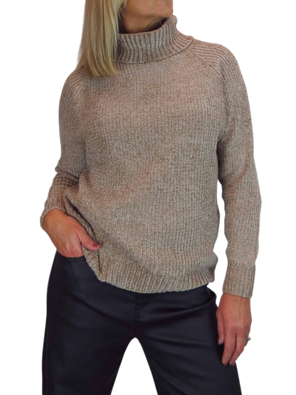Long Sleeve Chenille Roll Neck Jumper Tan