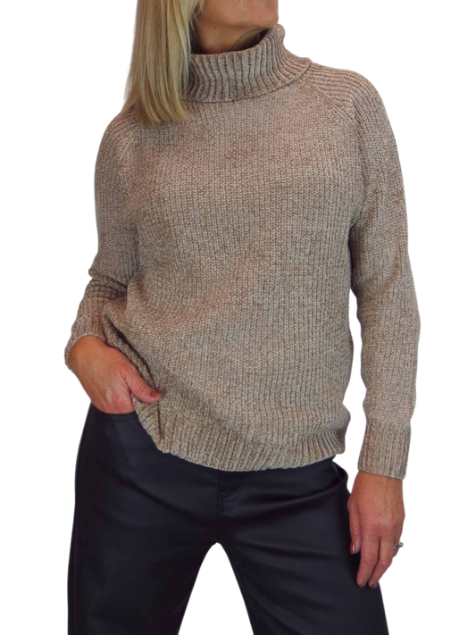 Long Sleeve Chenille Roll Neck Jumper Tan