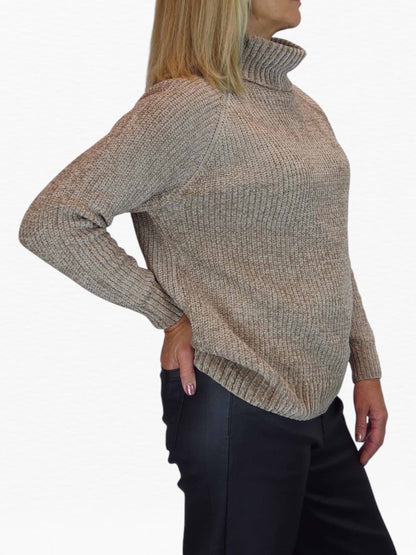 Long Sleeve Chenille Roll Neck Jumper Tan