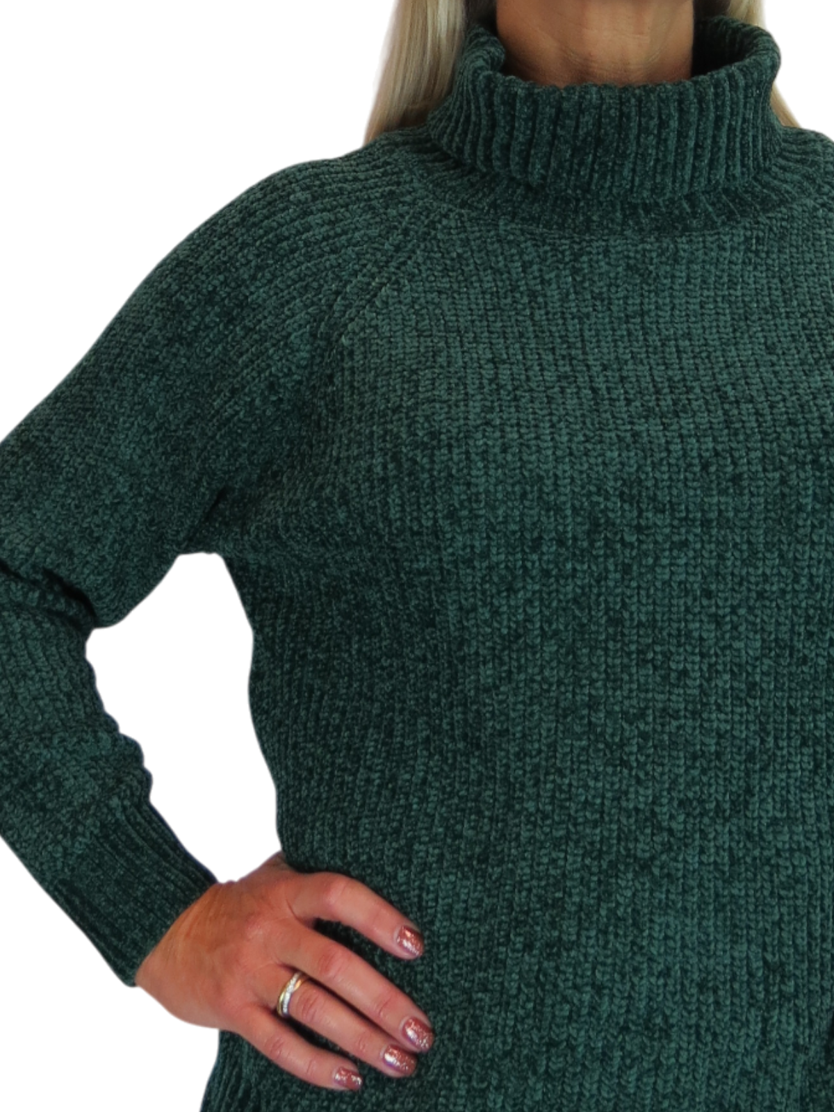 Long Sleeve Chenille Roll Neck Jumper Bottle Green