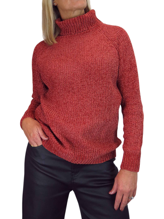 Long Sleeve Chenille Roll Neck Jumper Rust