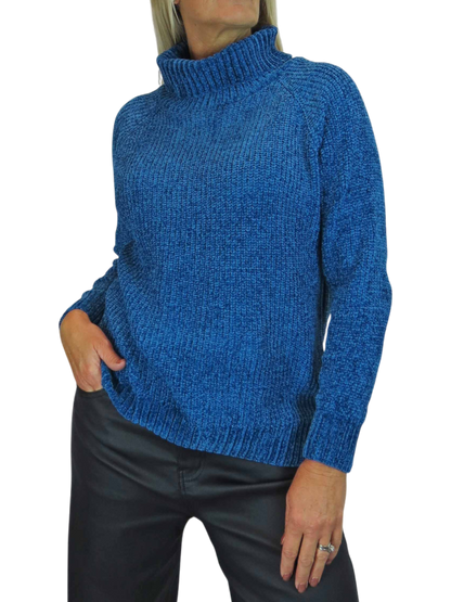 Long Sleeve Chenille Roll Neck Jumper Blue